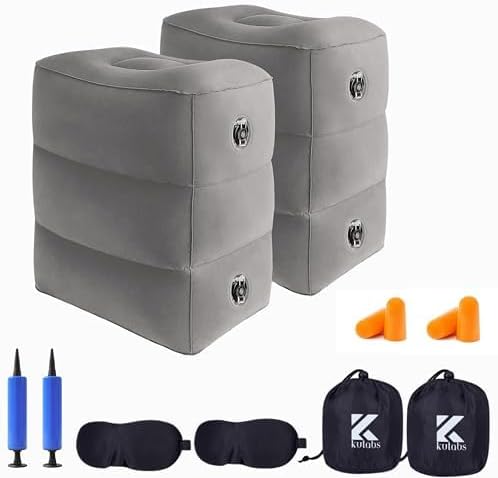 2-Pack Inflatable Travel Pillow Plane-Adjustable 3 Layers Travel Foot Rest Airplane are Paired with Sleep-enhancing Travel Accessories Like Eye Mask & Ear Plugs.Ideal for Car, Lounges,Offices & Planes