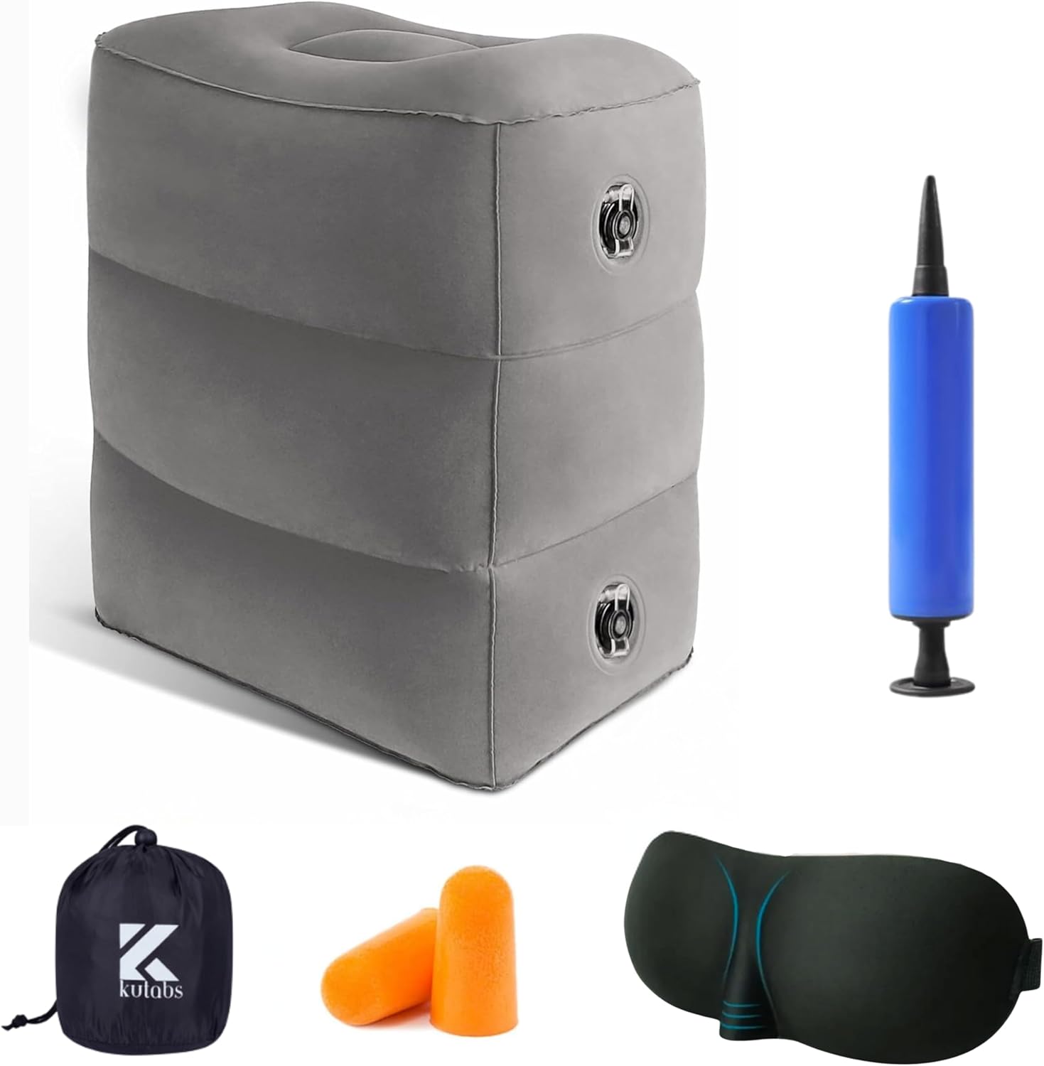 KUTABS Inflatable Travel Pillow Plane-Adjustable 3 Layers Travel Foot Rest Airplane are Paired with Sleep-enhancing Travel Accessories Like Eye Mask & Ear Plugs.Ideal for Car, Lounges,Offices & Planes