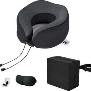Neck Pillow Memory Foam Pillows for Sleeping-Travel Pillow with Eye Mask,Earplugs-Travel Neck Pillow for Airplane with Travel Accessories for Restful Journey (Black)