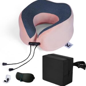 Neck Pillow Memory Foam Pillows for Sleeping-Travel Pillow with Eye Mask,Earplugs-Travel Neck Pillow for Airplane with Travel Accessories for Restful Journey PINK