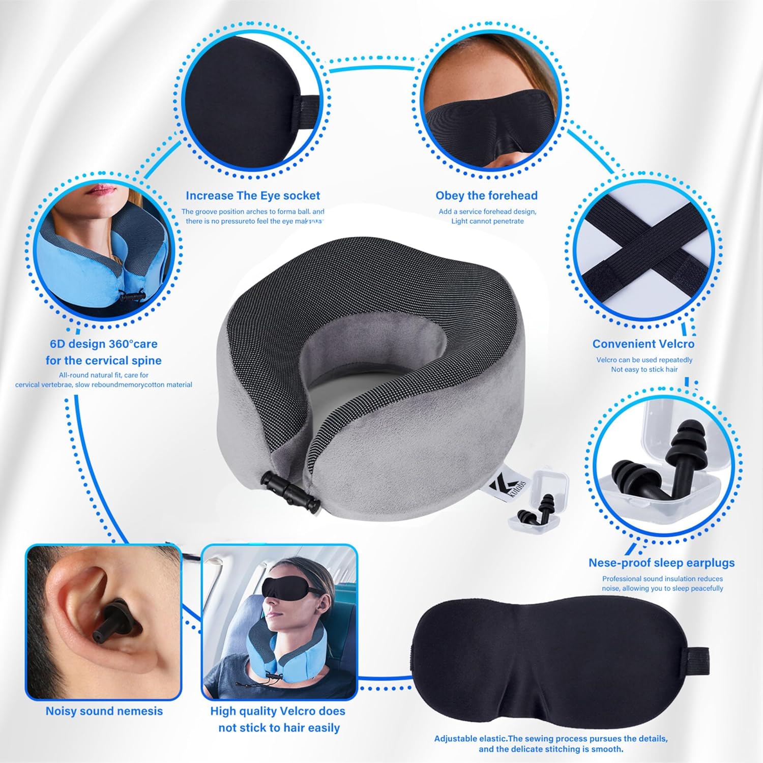 Neck Pillow Memory Foam Pillows for Sleeping-Travel Pillow with Eye Mask,Earplugs-Travel Neck Pillow for Airplane with Travel Accessories for Restful Journey - Image 4