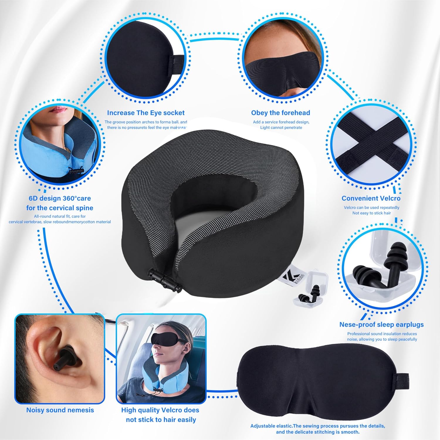Neck Pillow Memory Foam Pillows for Sleeping-Travel Pillow with Eye Mask,Earplugs-Travel Neck Pillow for Airplane with Travel Accessories for Restful Journey (Black) - Image 4