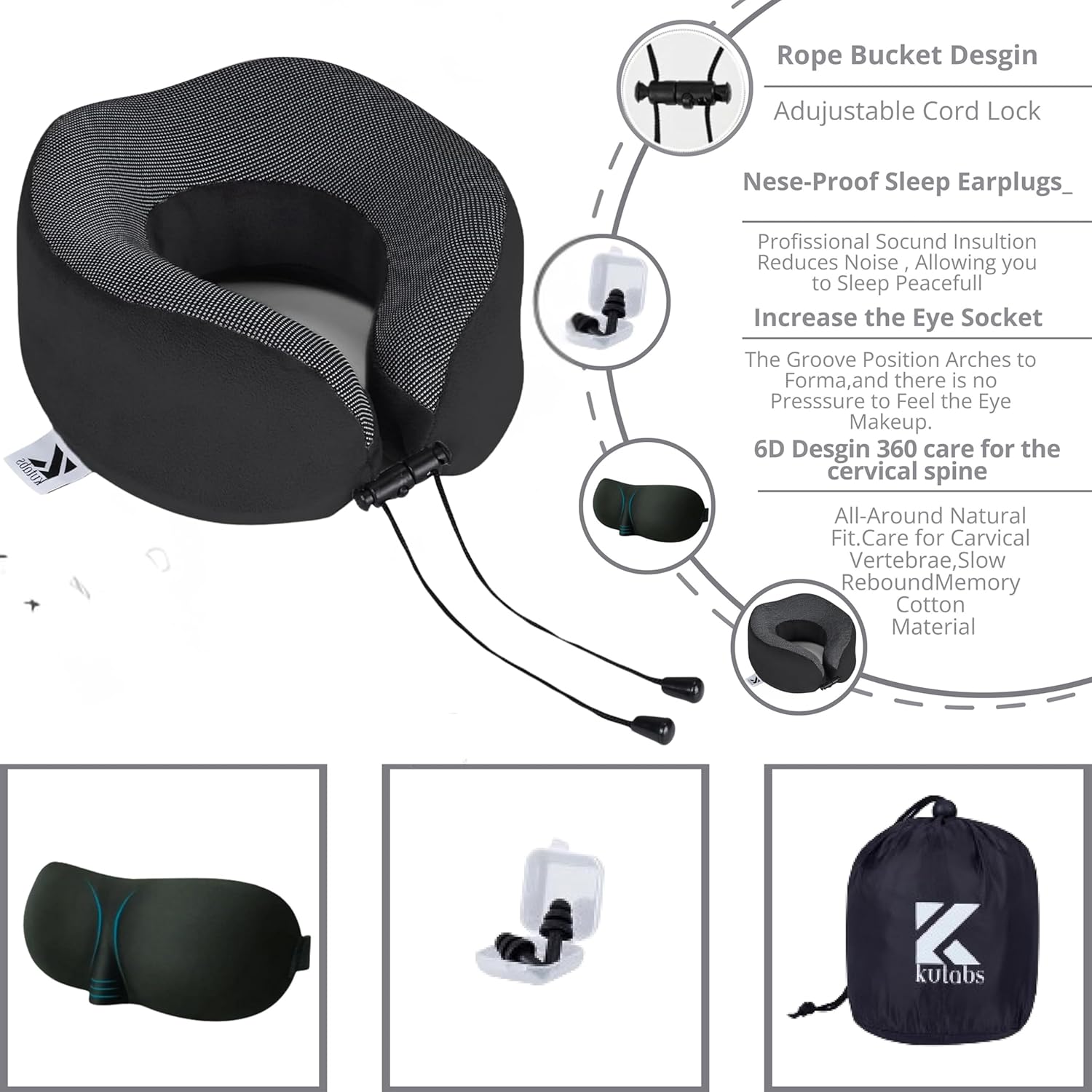 Neck Pillow Memory Foam Pillows for Sleeping-Travel Pillow with Eye Mask,Earplugs-Travel Neck Pillow for Airplane with Travel Accessories for Restful Journey (Black) - Image 5
